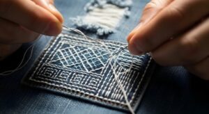 Handen naaien witte steken in een donkerblauw stoffen lapje