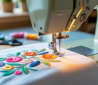 Naaimachine maakt kleurrijke vrije borduursteken op witte stof